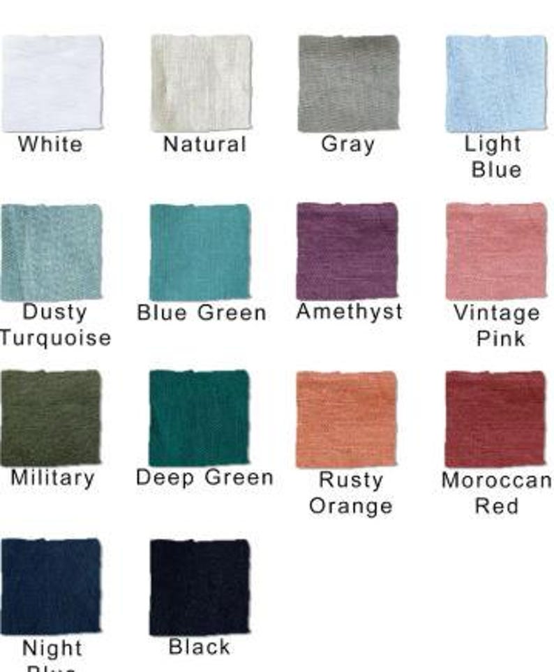 May include: A collection of fourteen square fabric swatches arranged in a grid, featuring colors labeled as White, Natural, Gray, Light Blue, Dusty Turquoise, Blue Green, Amethyst, Vintage Pink, Military, Deep Green, Rusty Orange, Moroccan Red, Night Blue, and Black.