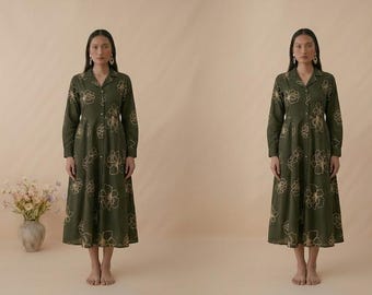 Olivgrünes, geblümtes Baumwoll-Midikleid, Boho-Cottagecore-Langarm-Outfit
