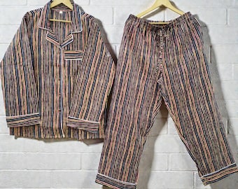 Handmade Cotton Stripe Pajama Set, Breathable Sleepwear, Button Down Lounge Set