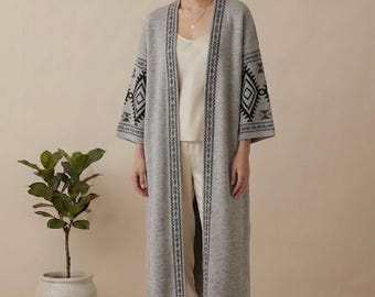 Gray Cotton Long Kimono Cardigan, Boho Tribal Pattern Lightweight Duster, Handmade Resort Layer