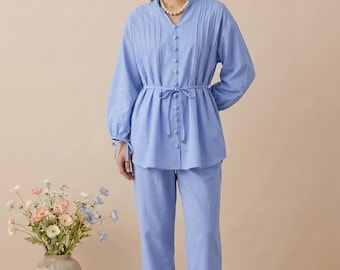 Light Blue Minimalist Two-Piece Set | Elegant Button-Front Tunic & Pants
