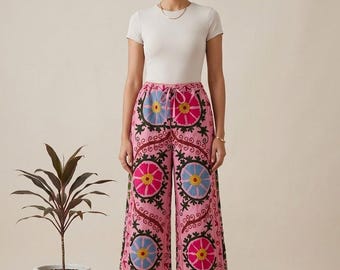 Boho Patchwork Wide Leg Pants, Floral Linen Blend Palazzo Trousers, Cottagecore Resort Wear