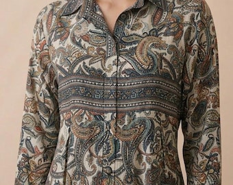Paisley Print Cotton Maxi Dress, Boho Collared Long Sleeve, Vintage Inspired Bohemian Style