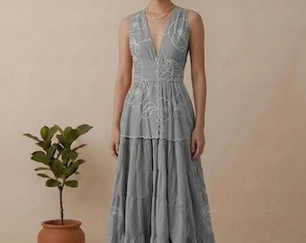 Blue Grey Embroidered Cotton Maxi Dress, Floral Boho Tiered Style