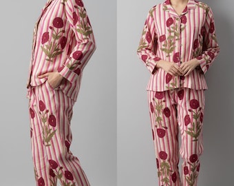 Pyjama-Set aus handbedruckter Baumwolle, rosa gestreifte Nachtwäsche mit Blumenmuster, handgefertigte Loungewear