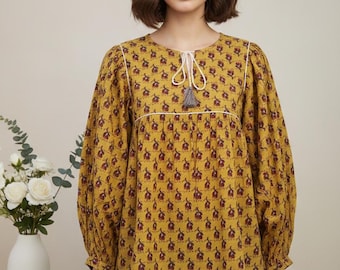 Mustard Floral Cotton Linen Blouse, Boho Tassel Tie Peasant Top
