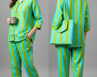 Handmade Block Print Cotton Pajama Set with Pouch