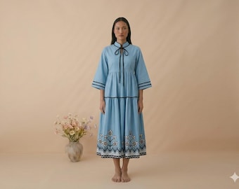 Besticktes Leinen-Midikleid, Peter-Pan-Kragen, floraler Boho-Stil, Cottagecore-Stil