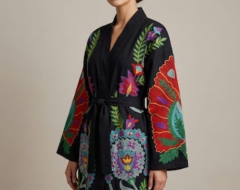Black Embroidered Kimono Robe, Bohemian Kaftan, Festival Jacket, Resort Wear