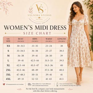 May include: A midi dress with a sweetheart neckline, puff sleeves, and a floral pattern, displayed alongside a size chart titled WOMEN'S MIDI DRESS SIZE CHART. The chart lists US sizes from XS to 4XL with corresponding bust, hip, waist, and length measurements in inches.