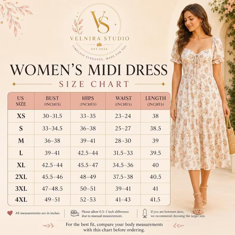 May include: A midi dress with a sweetheart neckline, puff sleeves, and a floral pattern, displayed alongside a size chart titled WOMEN'S MIDI DRESS SIZE CHART. The chart lists US sizes from XS to 4XL with corresponding bust, hip, waist, and length measurements in inches.