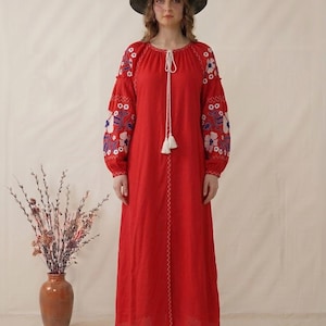 Vestido largo estilo bohemio para el día y la noche, vestido de algodón bordado para mujer, elegante atuendo bohemio, vestido de manga larga estilo pradera, estilo vintage versátil.