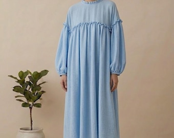 Light Blue Cotton Maxi Dress, Ruffle Yoke, Long Puff Sleeve, Handmade Boho Style