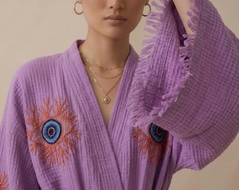 Lavender Cotton Kimono Cardigan, Hand Block Floral Print Duster, Boho Resort Wear