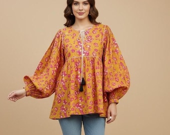 Mustard Floral Peasant Blouse, Boho Balloon Sleeve Tunic Shirt