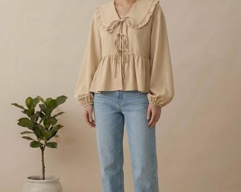 Beige Ruffle Peplum Blouse | Cottagecore Romantic Babydoll Top