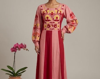 Handmade Embroidered Cotton Maxi Dress, Pink Folk Floral Boho Style