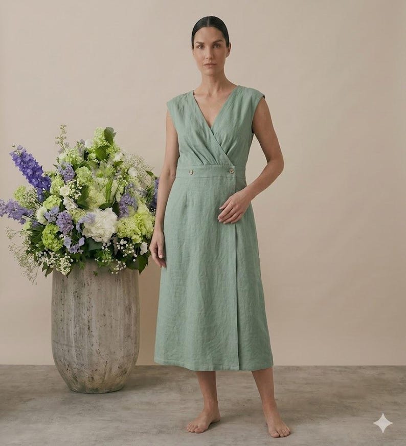 May include: A sage green sleeveless midi dress featuring a V-neckline, a wrap-style bodice, and a fitted waist with two visible buttons. The skirt has a straight silhouette that falls below the knees, crafted from a textured fabric with visible weave.