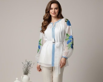 White Embroidered Tunic Dress, Boho Blouse with Blue Floral Sleeves, Resort Wear