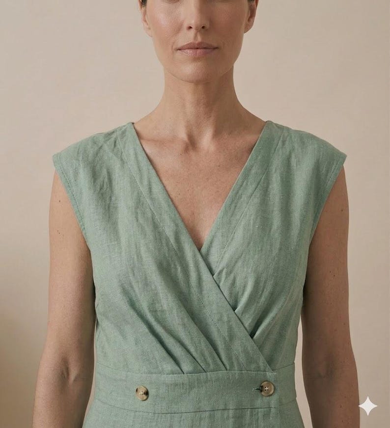 May include: A sage green sleeveless dress featuring a V-neckline with a wrap-style bodice. The garment includes a fitted waistline accented by two round, light brown buttons positioned horizontally on the front of the waist panel.