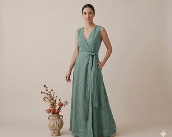 Sage Green Linen Wrap Maxi Dress, V-Neck A-Line Boho Summer Dress