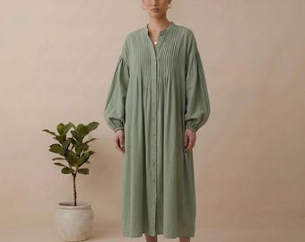 Sage Green Cotton Maxi Dress, Boho Pleated, Button Front, Balloon Sleeve, Cottagecore Style