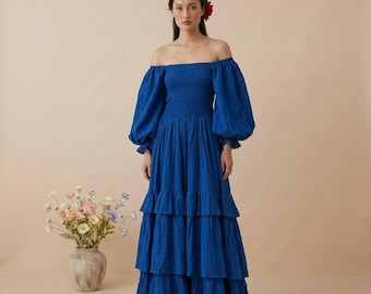 Royal Blue Cotton Off-Shoulder Maxi Dress, Boho Tiered Smocked Style