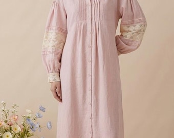 Blush Pink Cotton Maxi Dress, Button Front, Lace Sleeve, Boho Cottagecore Style