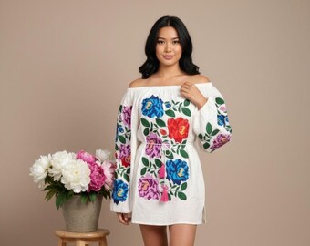 White Embroidered Off Shoulder Mini Dress, Boho Floral Tunic, Resort Wear, Festival Outfit