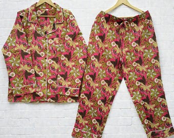 Floral Print Cotton Pajama Set, Bohemian Sleepwear