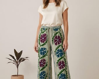 Green Floral Wide Leg Linen Blend Pants, Boho Botanical Palazzo Trousers
