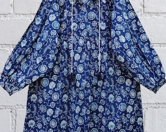 Blue Floral Cotton Midi Dress, Hand Block Print Bohemian Dress