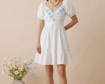 White Cotton Mini Dress, Blue Floral Embroidery, Puff Sleeve Cottagecore Style