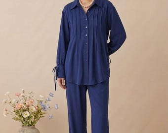 Royal Blue Minimalist Co-ord Set | Elegant Button-Down Tunic & Straight Leg Pants