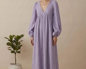 Lavender Linen Maxi Dress, Boho V Neck Balloon Sleeve, Cottagecore Flowy Dress