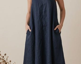 Navy Blue Linen Maxi Dress, Sleeveless V-Neck, Loose Fit, Casual Pockets