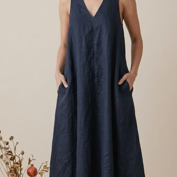 Navy Blue Linen Maxi Dress, Sleeveless V-Neck, Loose Fit, Casual Pockets