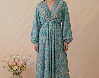 Turquoise Paisley Maxi Dress, Boho V-Neck Empire Waist, Flowy Resort Wear