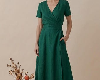 Emerald Green Linen Wrap Midi Dress | V-Neck A-Line Casual Summer Resort Wear