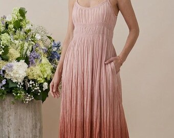 Blush Pink Ombre Maxi Dress, Pleated Sundress, Spaghetti Strap Maxi Dress, Boho Summer Dress, Women's Vacation Wedding Guest Dress