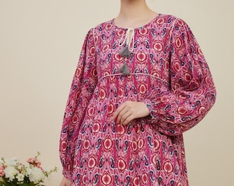 Pink Paisley Floral Cotton Blouse, Long Sleeve Bohemian Peasant Top