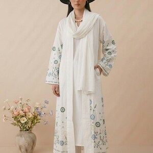 White Embroidered Kaftan Set for Women | Minimalist Modest Outfit | Boho Kurta Palazzo Set | Elegant Lounge Wear