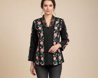 Black Floral Embroidered Blouse, Pink Rose Print, Lace Detail Tunic