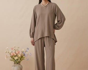 Beige Oversized Lounge Set | Modest Wide Leg Two Piece Outfit