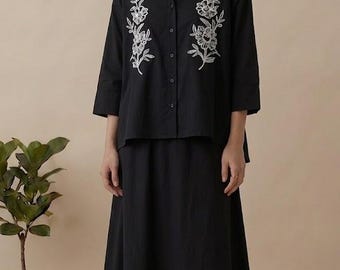 Black Cotton Embroidered Shirt and Maxi Skirt Set, Boho Co Ord Outfit