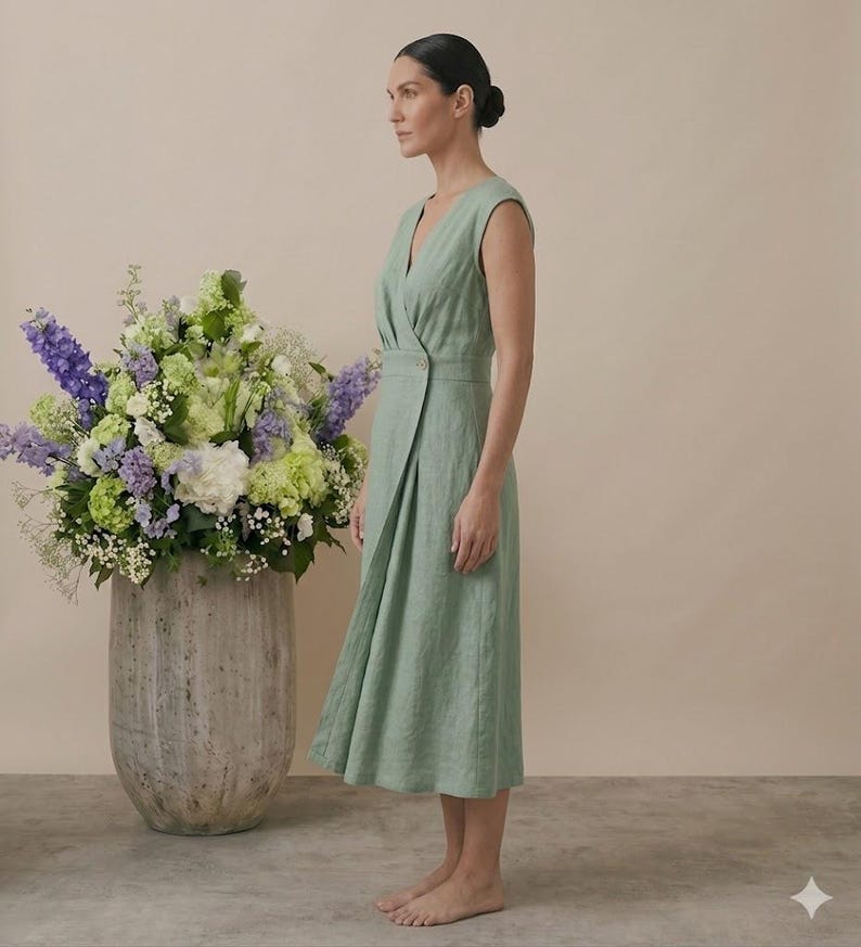 May include: A sage green sleeveless wrap dress featuring a V-neckline, a fitted bodice with a single button closure at the waist, and a midi-length skirt that falls in a straight silhouette. The garment is made of a textured fabric.