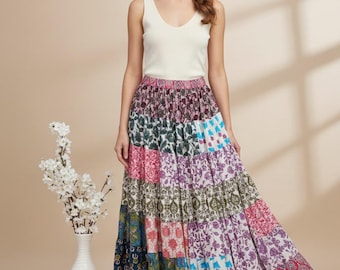 Handmade Patchwork Cotton Maxi Skirt, Boho Floral Ethnic Print, Flowy Bohemian Style