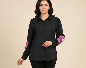 Black Cotton Linen Shirt, Floral Embroidered Sleeves, Women's Button-Down Blouse