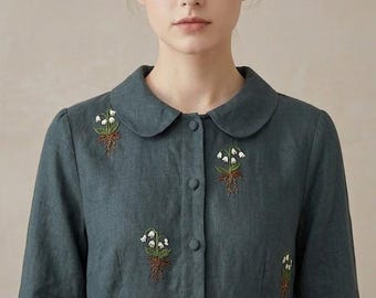 Dark Green Embroidered Midi Dress, Floral Peter Pan Collar, Long Sleeve Cotton A-Line