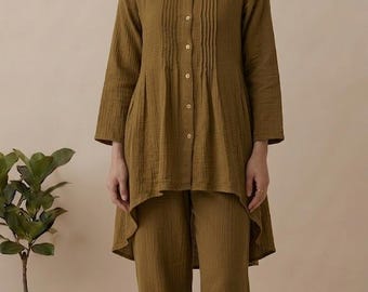Olive Green Linen Tunic and Wide Leg Pants Set | Modest Casual Outfit